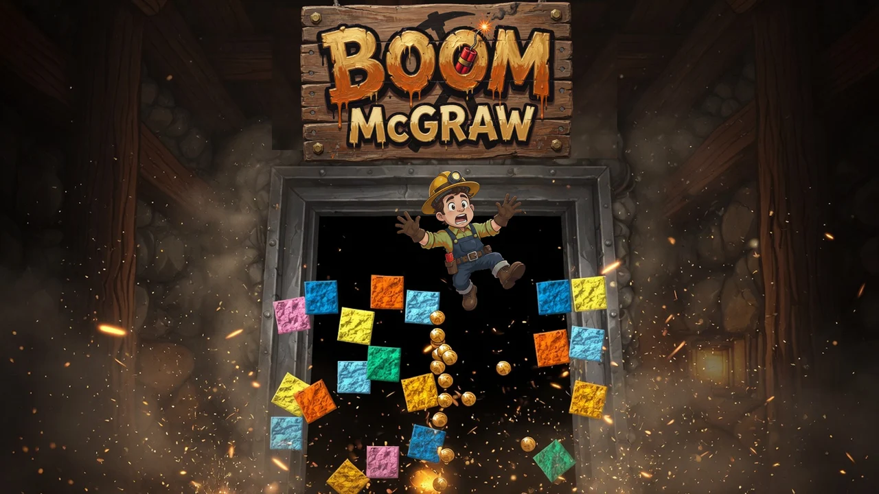 BOOM McGraw key art: a moustached miner leaps from a mine doorway as colourful ore and coins pour out under a wooden sign.