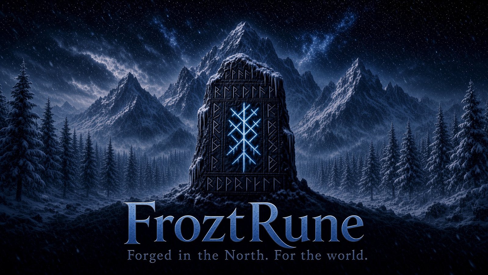 A rune stone in a snowing winter forest under mountains; the rune glows ice-blue. FroztRune — Forged in the North. For the world.